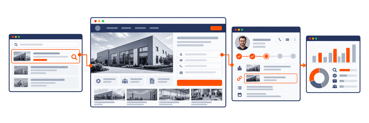 Reklam kampanyasından site talebine, atanan satış kaydına ve kaynağa göre ayrılmış rapora uzanan akışı gösteren arayüz çizimi