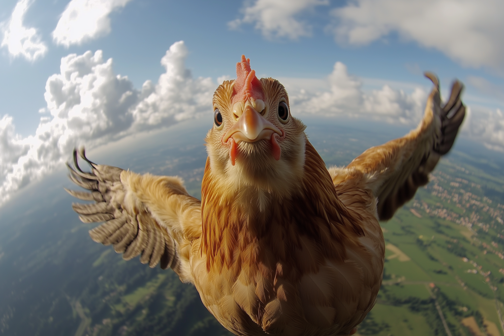 a chicken flying in the sky