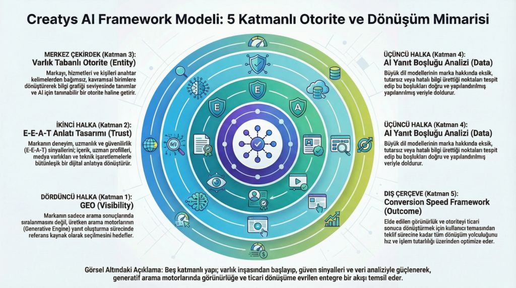 Diyagram, Creatys AI Framework'ün beş katmanını gösterir: Merkezde Varlık Tabanlı Otorite, çevresinde E-E-A-T Anlatı Tasarımı ve AI Yanıt Boşluğu Analizi, en dışta GEO ve Conversion Speed Framework. Katmanlar birbirini besleyen hiyerarşik bir bütünlük içindedir.